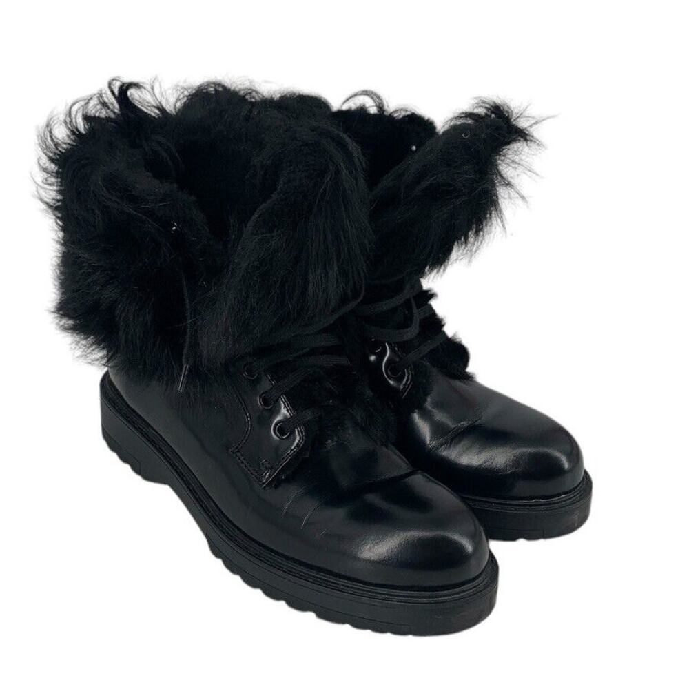 PRADA Shearling Lined Leather Ankle Boots Lace Up Size 38 Goth Combat Motorcycle